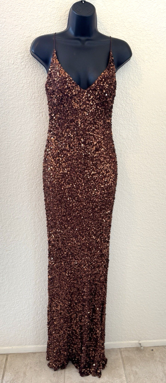 Vintage Evening Silk Beaded Sequin Gown Brown Open Back Formal Prom Dress 8